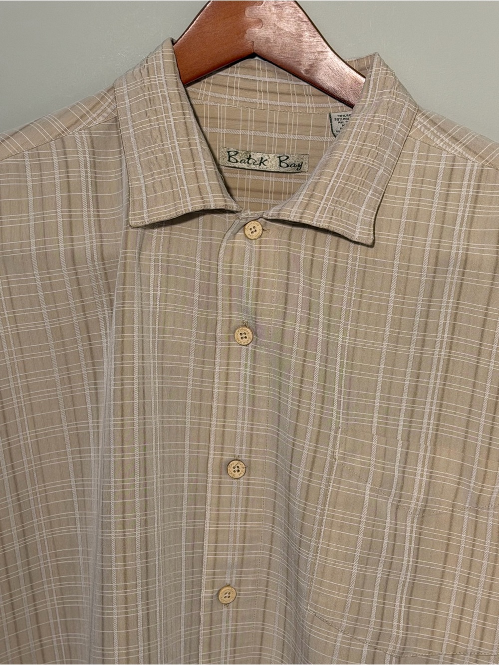 Batik Bay Island Style Men's Beige Plaid Button-Up Shirt. Pattern-Matched front